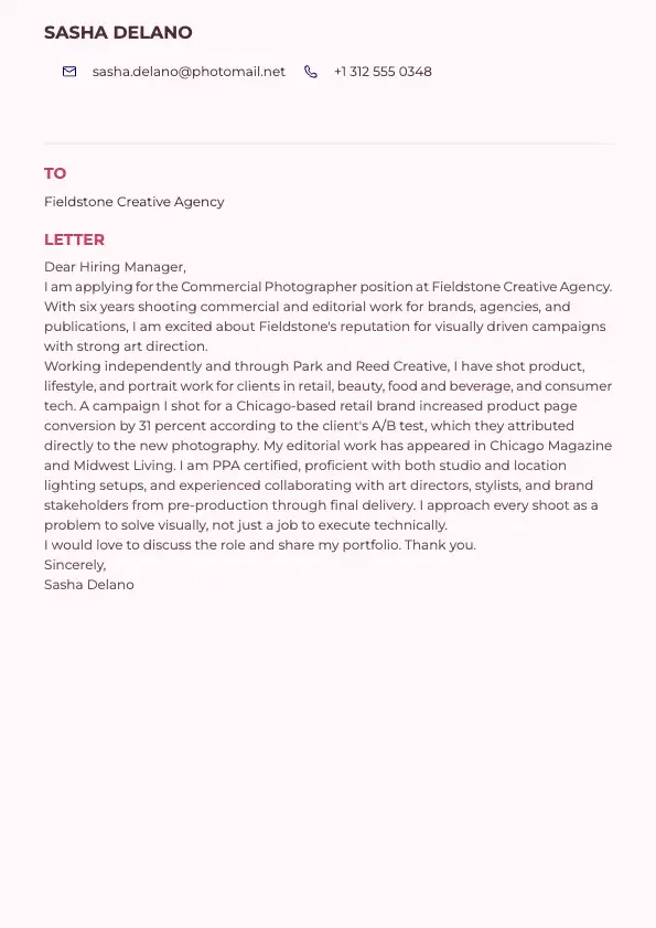 Photographer Cover Letter preview