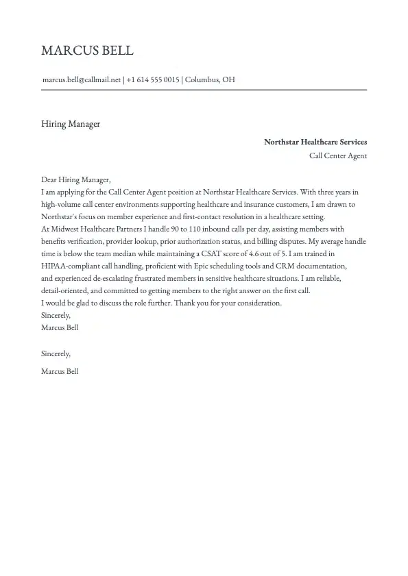 Call Center Agent Cover Letter preview
