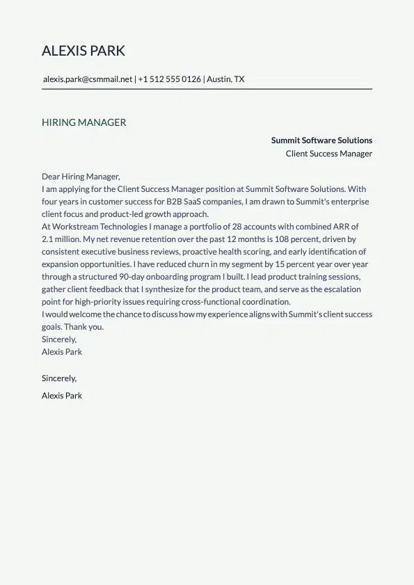 Client Success Manager Cover Letter preview