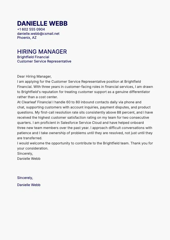 Customer Service Representative Cover Letter preview