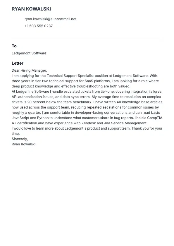 Support Specialist Cover Letter preview