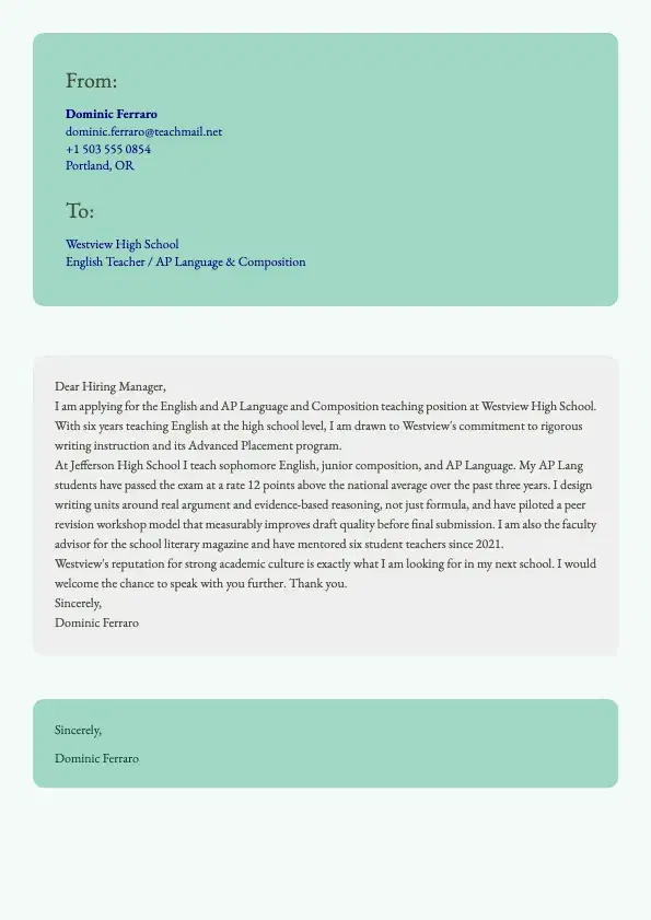 High School Teacher Cover Letter preview
