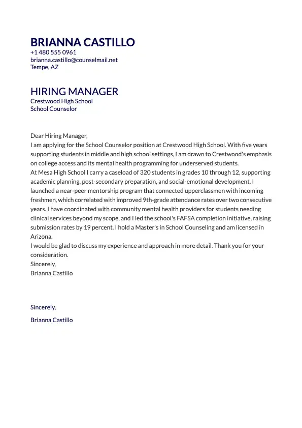 School Counselor Cover Letter preview