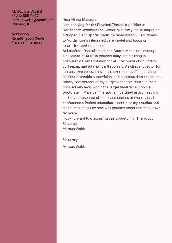 Physical Therapist Cover Letter preview