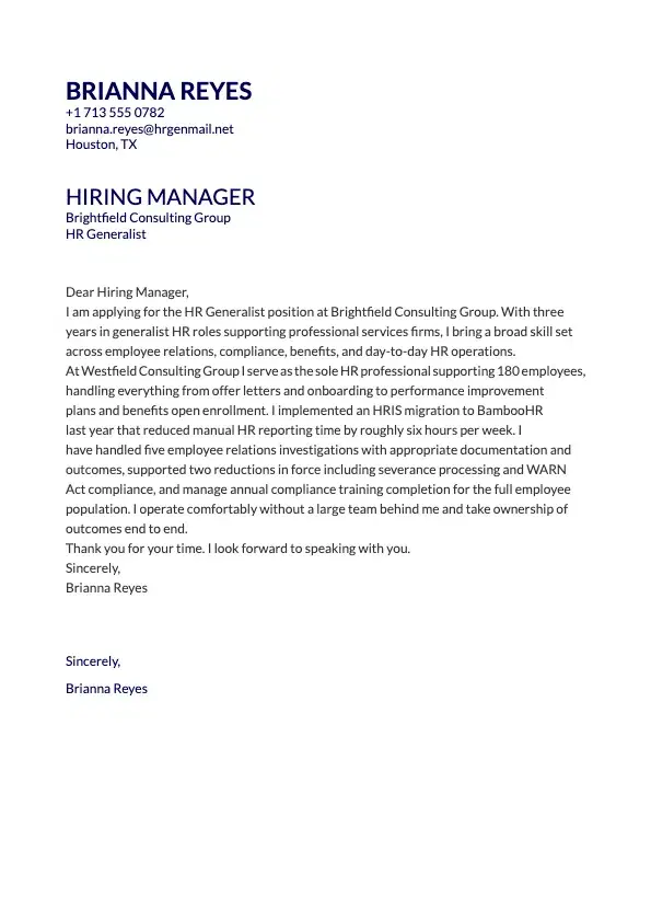 HR Generalist Cover Letter preview