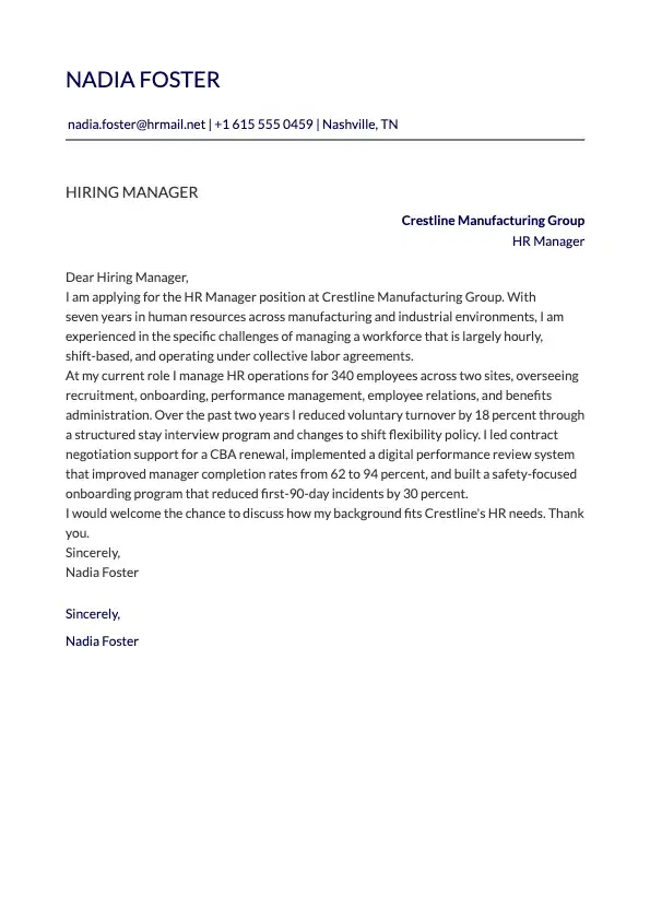 HR Manager Cover Letter preview