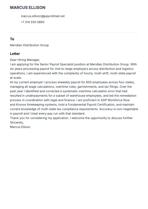 Payroll Specialist Cover Letter preview