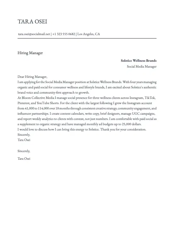 Social Media Manager Cover Letter preview