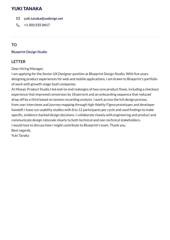 UX Designer Cover Letter preview