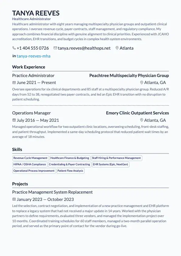 Healthcare Administrator Resume preview