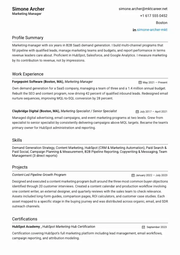 Marketing Manager Resume preview