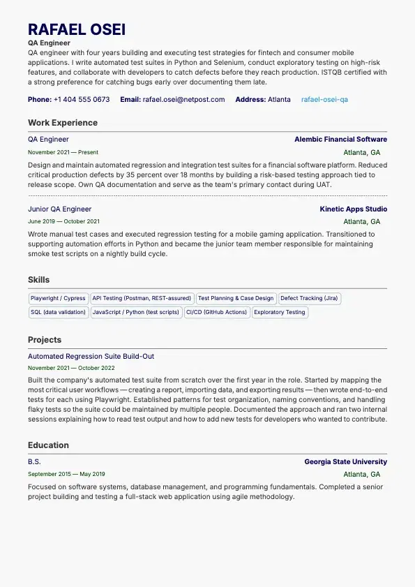 QA Engineer Resume preview