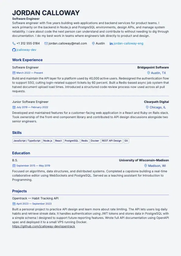 Software Engineer Resume preview
