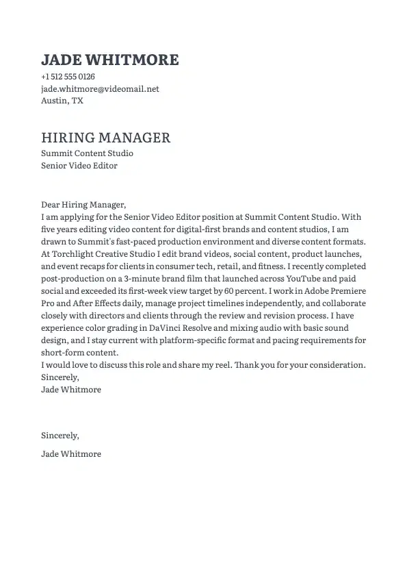 Video Editor Cover Letter preview