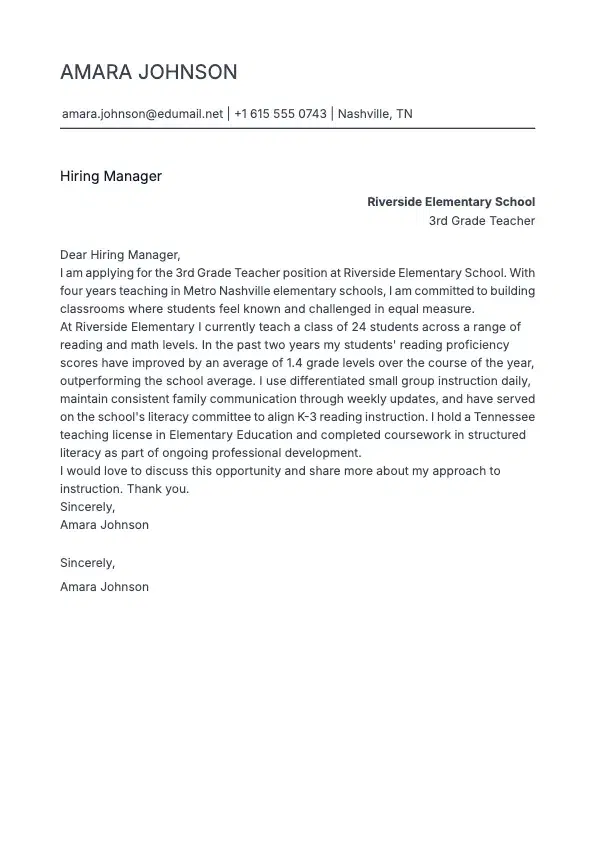 Elementary Teacher Cover Letter preview