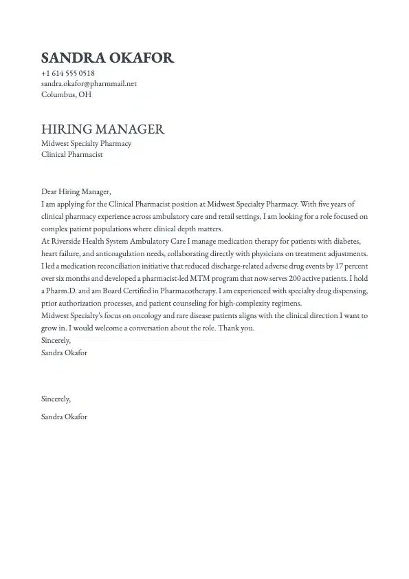 Pharmacist Cover Letter preview
