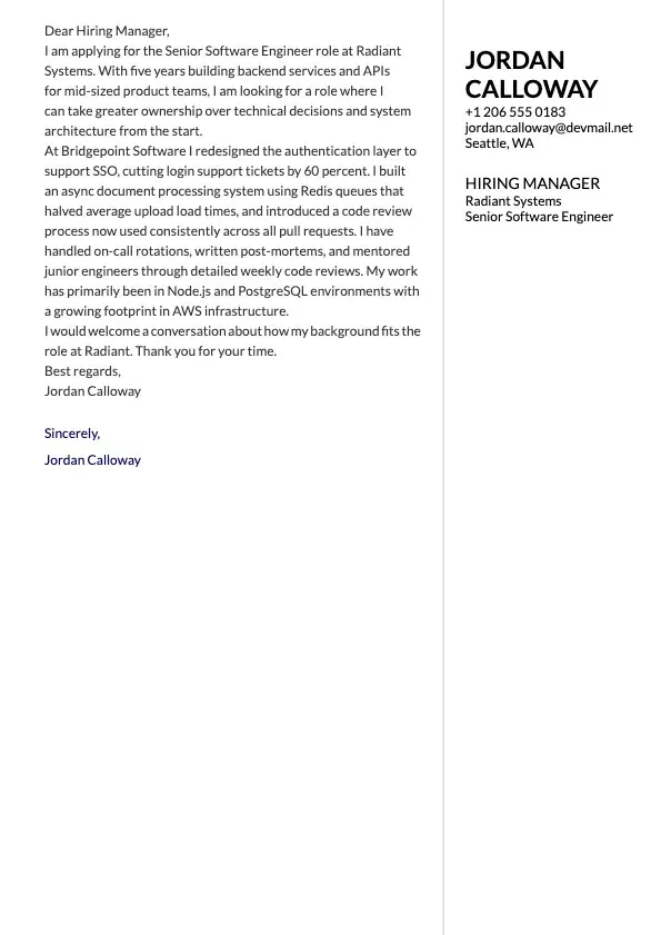 Software Engineer Cover Letter preview