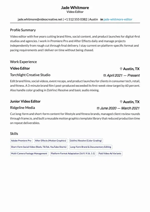 Video Editor Resume preview