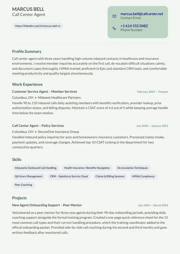 Call Center Agent Resume preview
