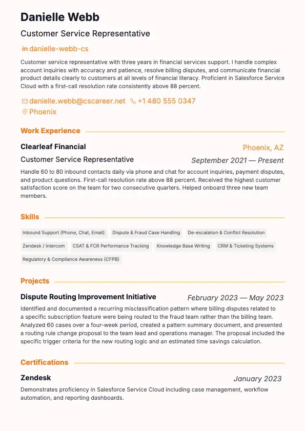 Customer Service Representative Resume preview