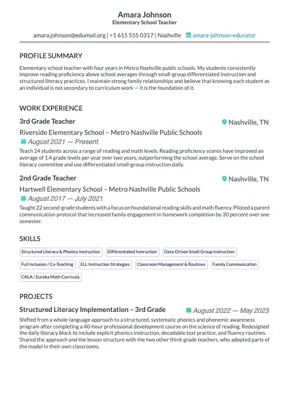Elementary Teacher Resume preview