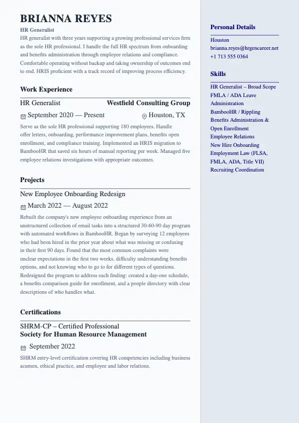 HR Generalist Resume preview
