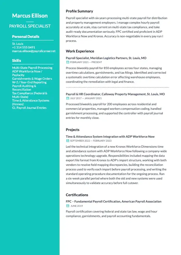 Payroll Specialist Resume preview